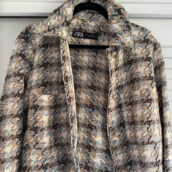Zara Women's Tweed Jacket/Blazer Beige White Black Pockets Buttons Size Small - Picture 2 of 2